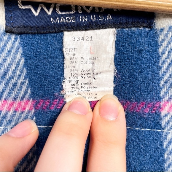 VTG Woolrich Sz. L Down Puffer Coat, plaid wool blend lining, faux fur trim hood - Picture 12 of 12